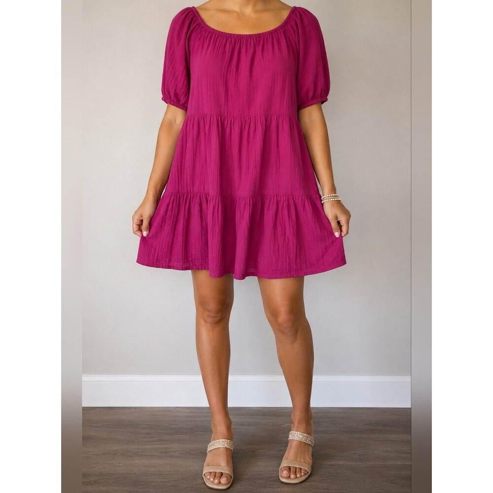 Old Navy Cotton Gauze Babydoll Mini Dress Medium Pink OffShoulder Cottage Peasan